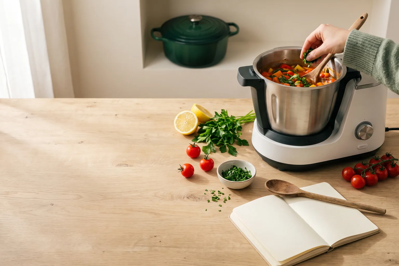 Hand streut frische Kräuter über einen Gemüseeintopf im Topf einer Küchenmaschine, daneben Tomaten, Zitrone und ein offenes Notizbuch auf einem Holztisch